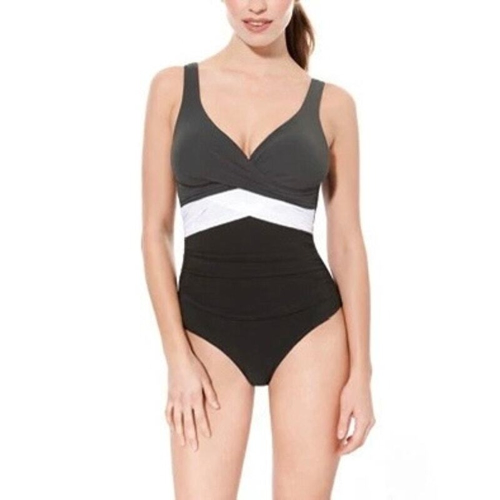 PROFILE BY GOTTEX Lets Twist One Piece Swimsuit 16 Grey Black Colorblock V-Neck